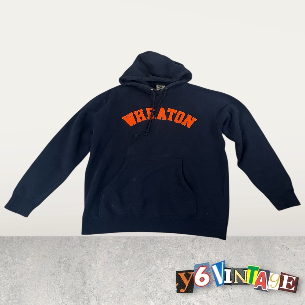 Medium Navy Blue Vintage Hoodie With Orange Lettering